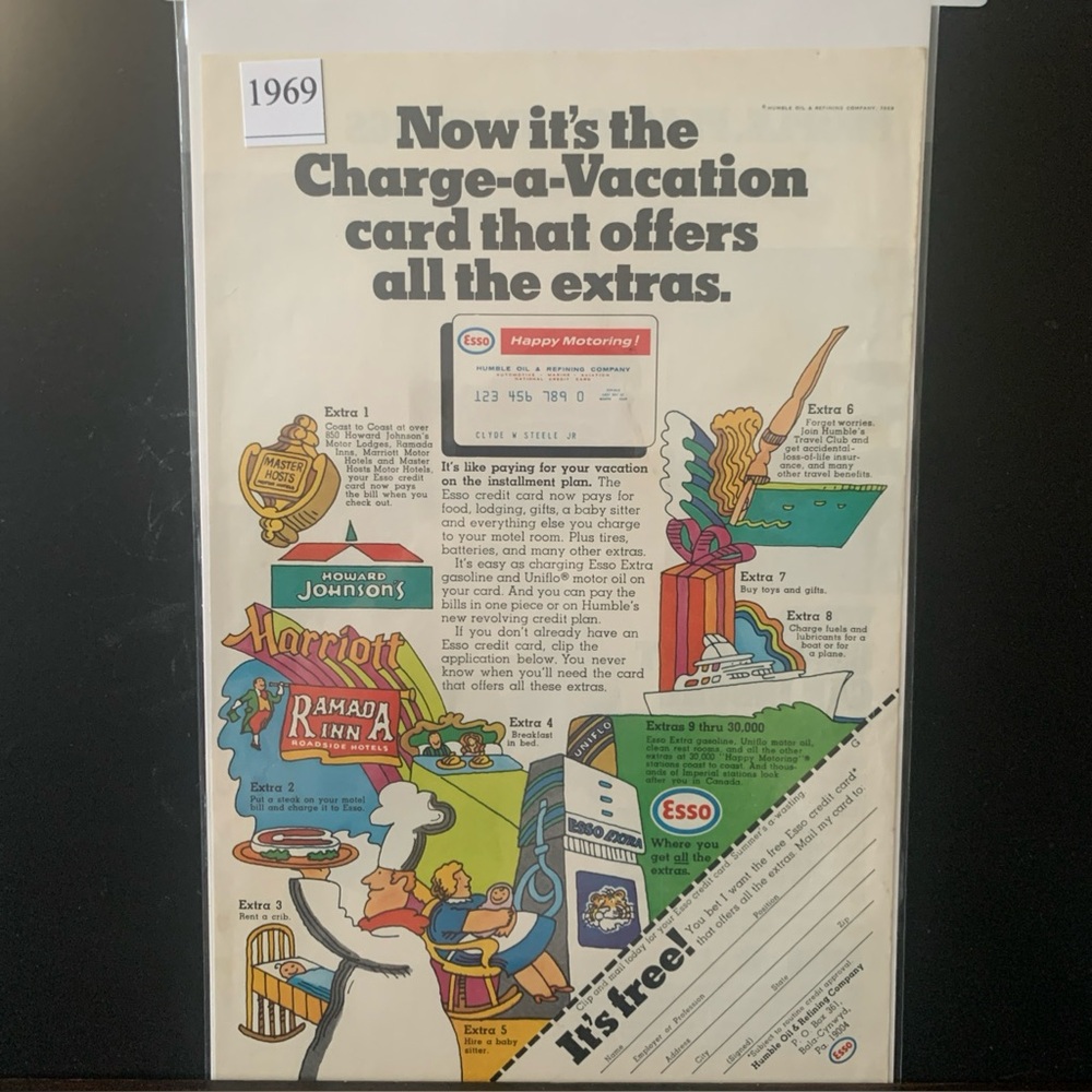 Vintage 1969 Esso Now it's The Charge a Vacation Card Ad Advertisement